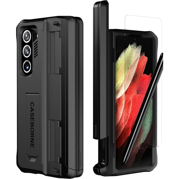 CaseBorne V Compatible with Samsung Galaxy Z Fold 5 Case - Full Body with Hinge Protection Cover, Tempered Glass Screen Protector, Kickstand and S Pen Holder, Recycled Materials - Black