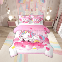 jejeloiu Rainbow Kawaii Unicorn Twin Bedding Sets 7-Piece,Magic Animal Bedding Comforter Set,Pink Heart Print Sheet Sets For Children,Breathable Home Decor