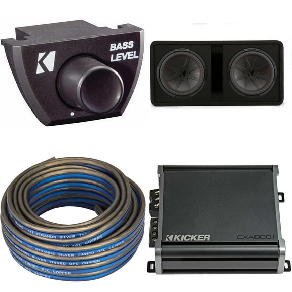 Kicker Comp R 12 Inch Dual Subwoofer in Vented Enclosure Package with 46CXA8001 Amplifier, Bass Knob & Speaker Wire