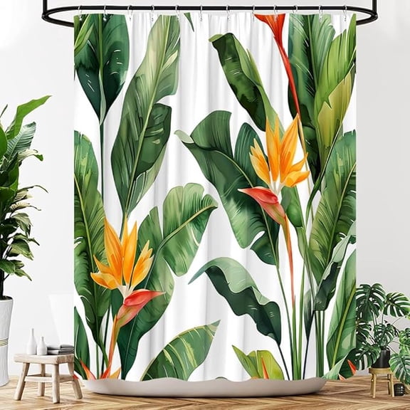 Tropical Green Leaves Shower Curtain Watercolor Plants Botanical Jungle Fabric Bathroom Decor Curtains Set With Hooks 36"W x 72"L
