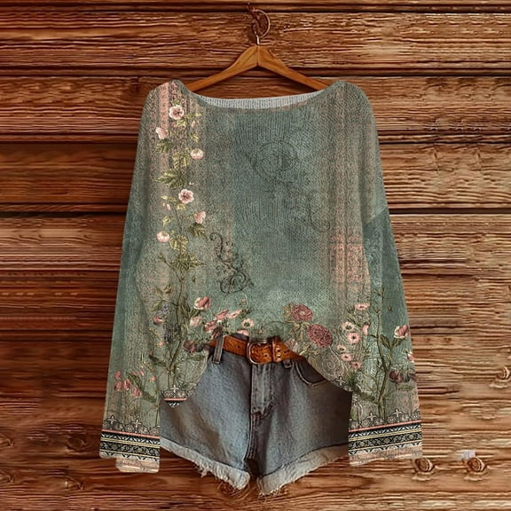 VOONCAS Womens Tops Long Sleeve Casual Fall Winter Knit Print Crew Neck Army Green Going Out Tops for Women Size XL