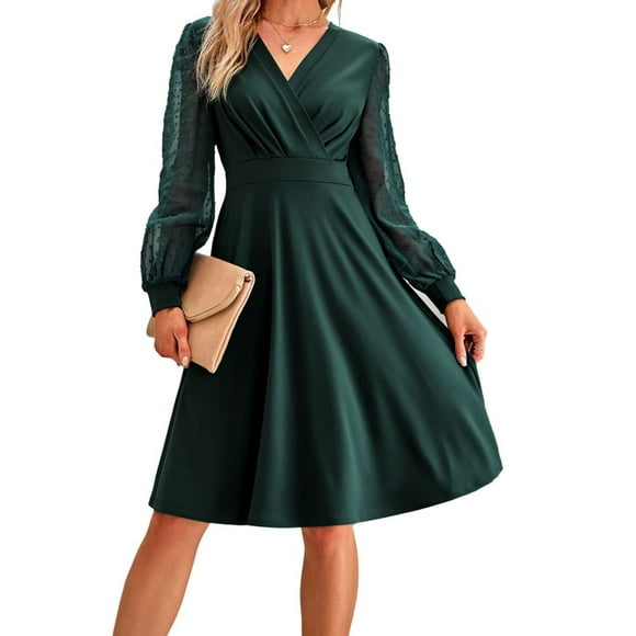 Vestido de cóctel con escote en V y lunares de malla elegante vintage de otoño para mujer