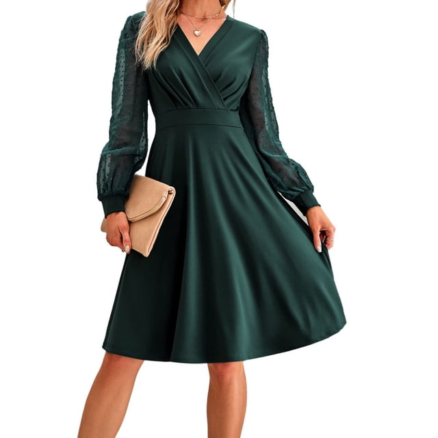Vestido de cóctel con escote en V y lunares de malla elegante vintage de otoño para mujer