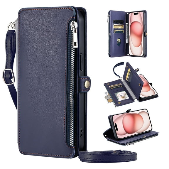 Compatible with iPhone 17 Case Wallet with Card Holder for Women Men, PU Leather Magnetic Snap Flip Zipper Wrist Strap and Crossbody Strap Stand Phone Case for iPhone 17, Darkblue
