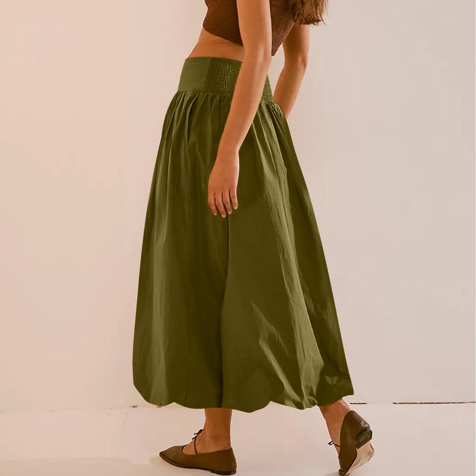 Women Bubble Maxi Skirt Summer Elastic High Waist a Line Long Skirt Casual Ruffle Pleated Midi Half Dress with Pockets Green L