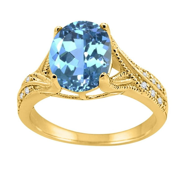 Mauli Jewels Rings for Women 2.46 Carat Oval Cut Blue Topaz and Diamond Antique Ring 4-Prong 10K Yellow Gold
