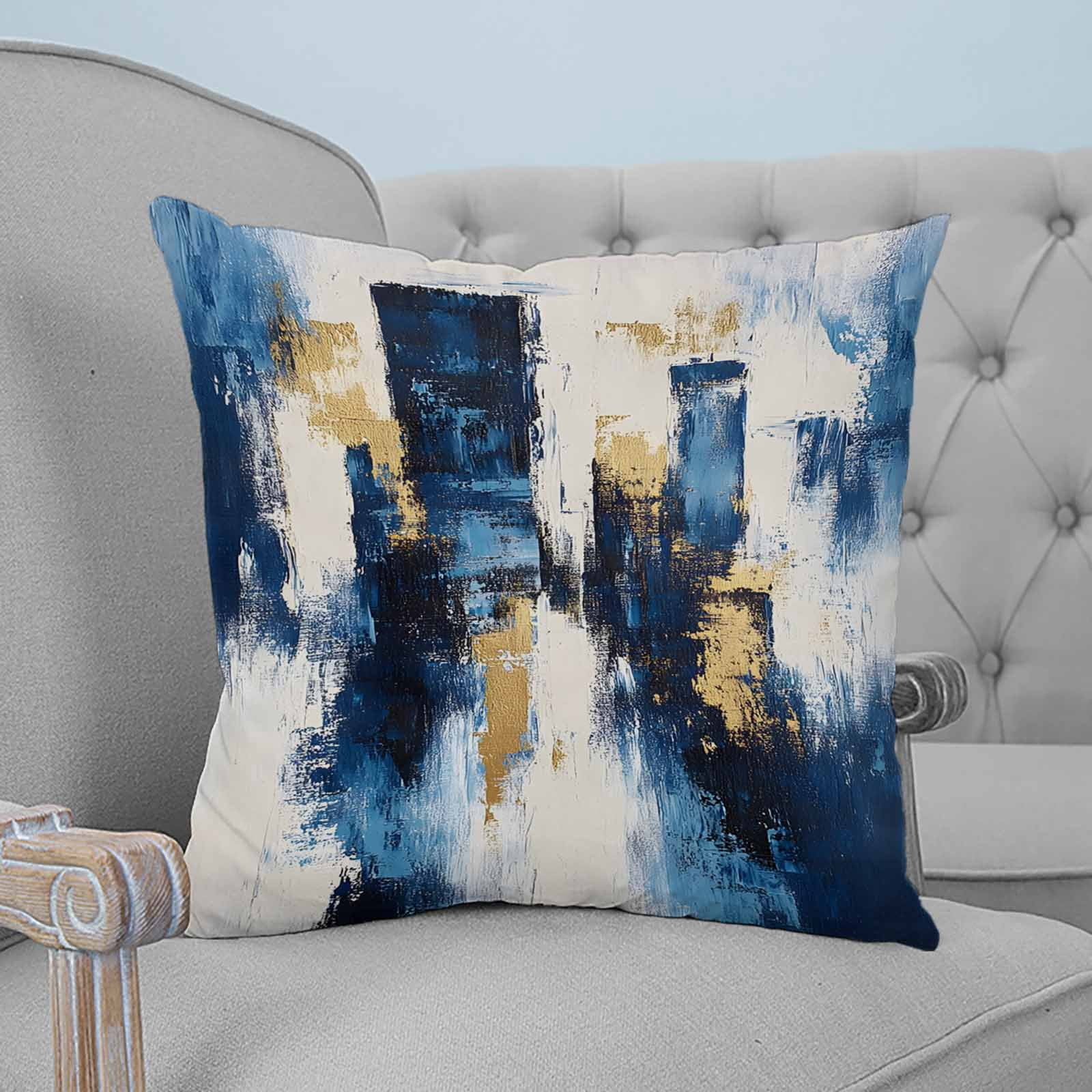 Pillow Covers 24x24 Set of 2, Rustic Blue Gold Throw Pillow Covers Decorative Couch Cushion Cover, Abstract Neutral Brush Strokes Artwork Microfiber Soft Square Pillowcases for Bedroom Sofa