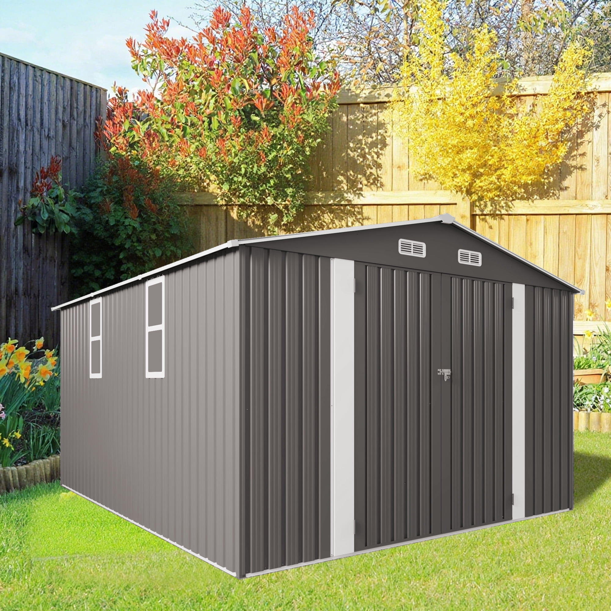 10x12 FT Outdoor Metal Storage Shed with Double Doors & Two Windows, Large Waterproof Garden Shed for Lawn Mowers, Bike, Pool Equipment, Patio Furniture, Trash Bins, Backyard, Grey