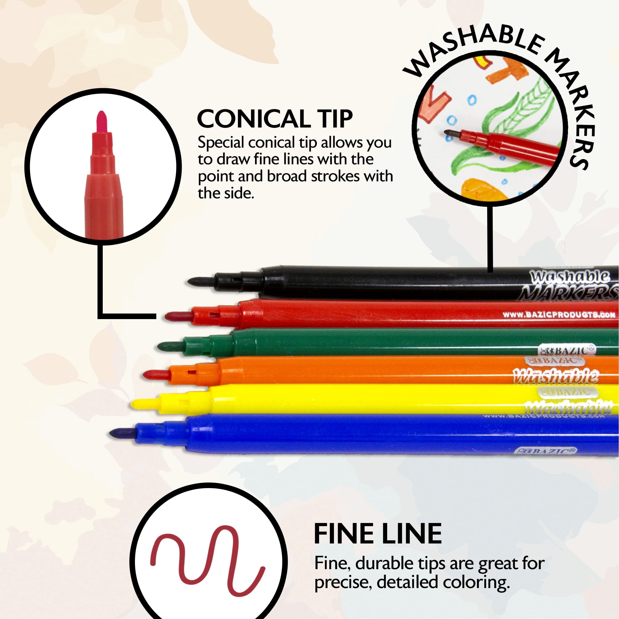 BAZIC Washable Markers Fine Line 24 Color Coloring Marker (24/Pack), 24-Packs