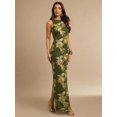 thumbnail image 6 of Army Green Jacquard Sleeveless Fitted Maxi Dress With Gold Floral Embroidery, Low Back, 6 of 7