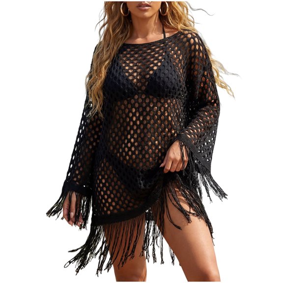 Cover Ups for Swimwear Women, Women's Plus Size Hollow Out Sheer Crochet Beach Cover Up Tassel Long Sleeve Dress Coverups