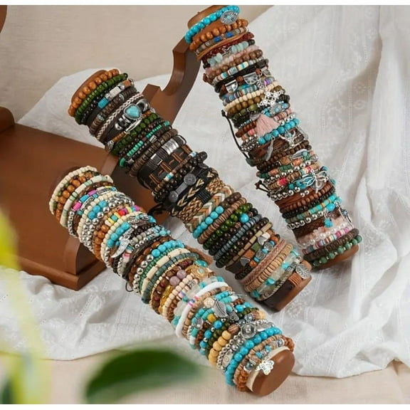 Multilayer Wooden Beads 12-Piece Bracelets Set - Bohemian Style, Elastic Band, Great Gift for Any Occasion, Unisex, Casual Style