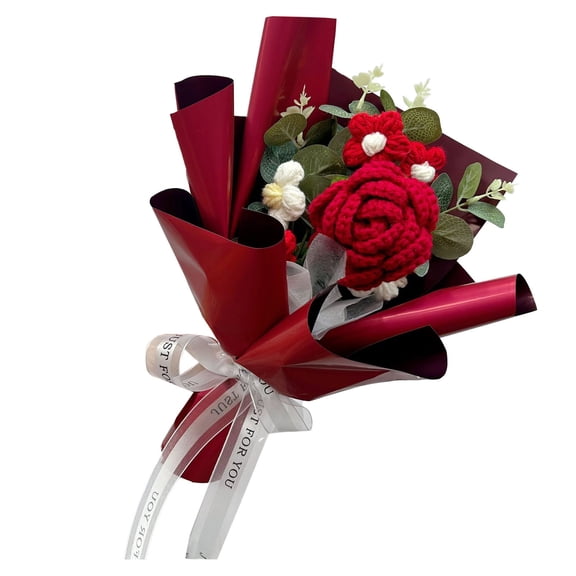 Hand Crocheted Rose Bouquet 31cm Red Yarn Flower For Home Table Wedding Anniversary Mother Day Gift Decor