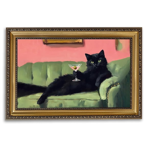 PORMIPONE Funny Black Cat Martini Wall Art, 16x24in Framed Canvas, Vintage Cat Artwork with Gold Frame, Living Room Decor