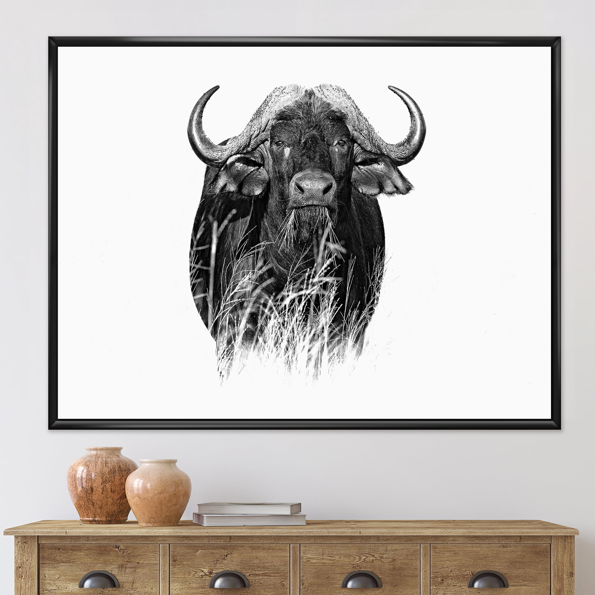 Black and White Portrait Of Buffalo IV 40 in x 30 in Framed Photography Canvas Art Print, by Designart