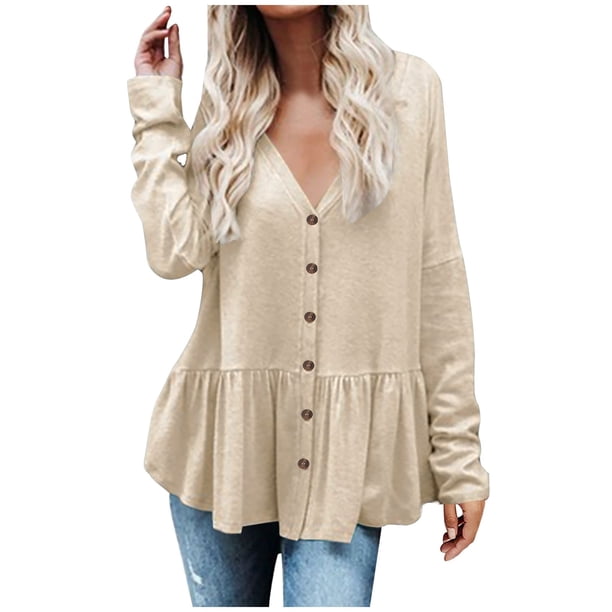 Blusa de manga larga con cuello en V cómoda de moda informal para mujer Pompotops FGAJ15915
