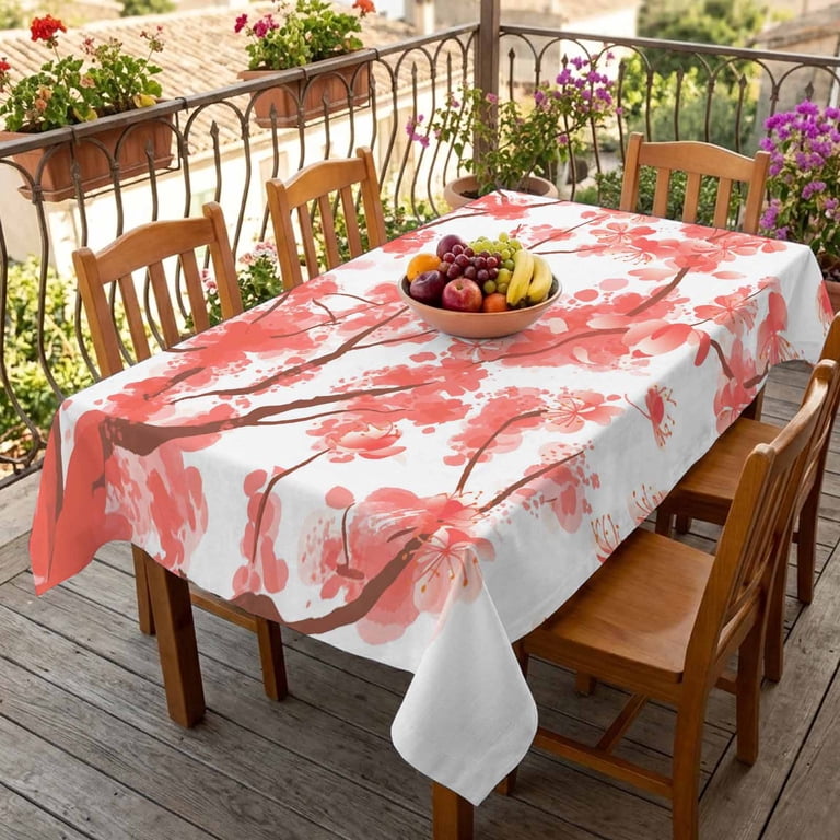 Spring Red Cherry Blossoms Table Cloth 52x70in, Waterproof