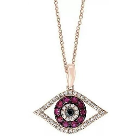 1.00 Ct Lab-Created Diamond & Red Ruby Evil Eye Pendant Necklace 925 Silver Rose Gold Plated