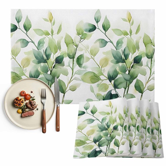 Watercolor Botanical Green Placemats Set of 6, Eucalyptus Leaves Washable Wipeable Table Mats for Dining Tables, Indoor Outdoor Kitchen Place Mats for Holiday Party Table Decor