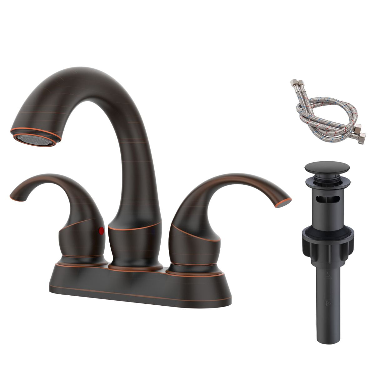 Bathroom Faucet 2-Handle Oil Rubbed Bronze with Aerator, Swan Style 4-inch Centerset Vanity Sink with Pop-Up Drain and Supply Hoses