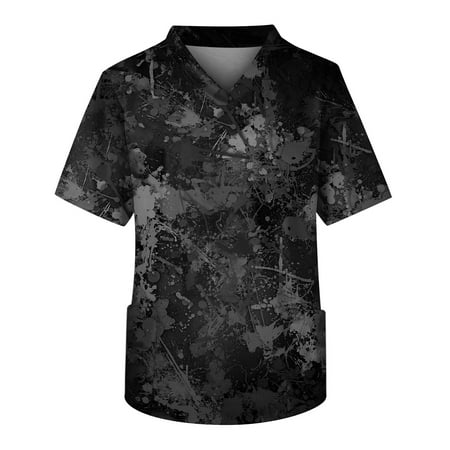 

HHei_K Black Scrubs Fashion Men s Short Sleeve V Neck Printed Working Chest Pocket Carer Top