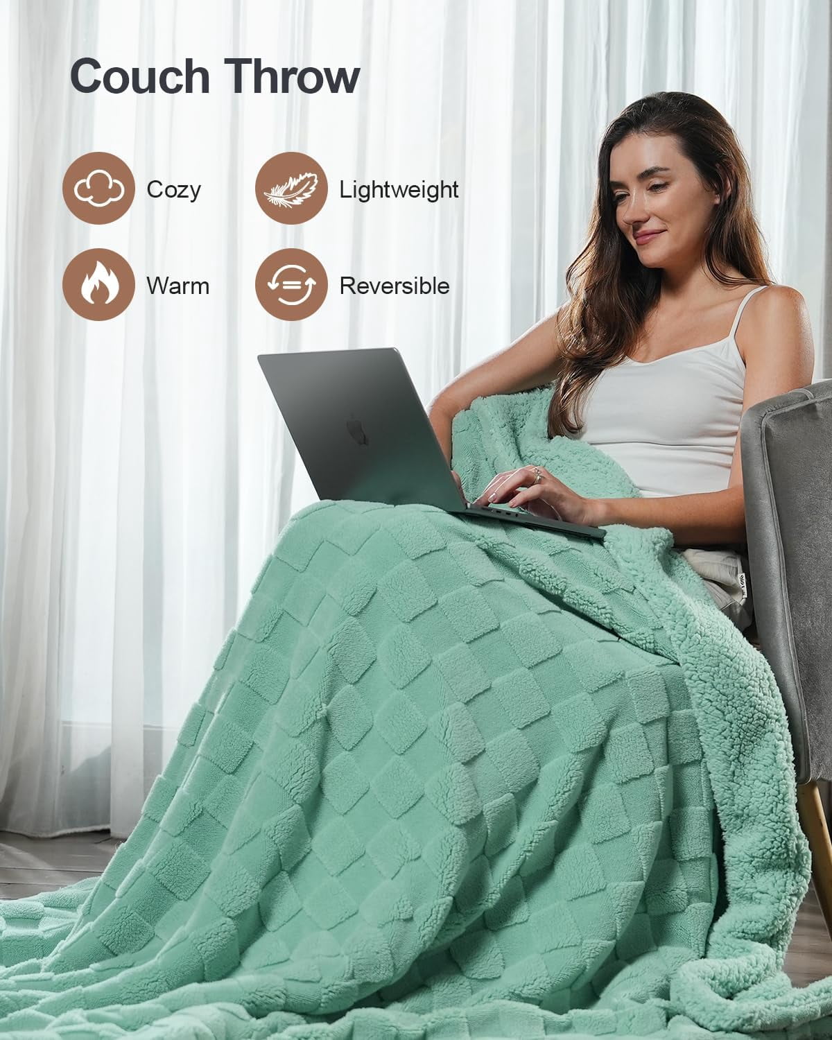 Anjee 60" x 80" Sage Green Sherpa Fleece Reversible Checkered Throw Blanket, All Season Twin Size Blankets for Couch Sofa Bed, Ideal Gift for Friends