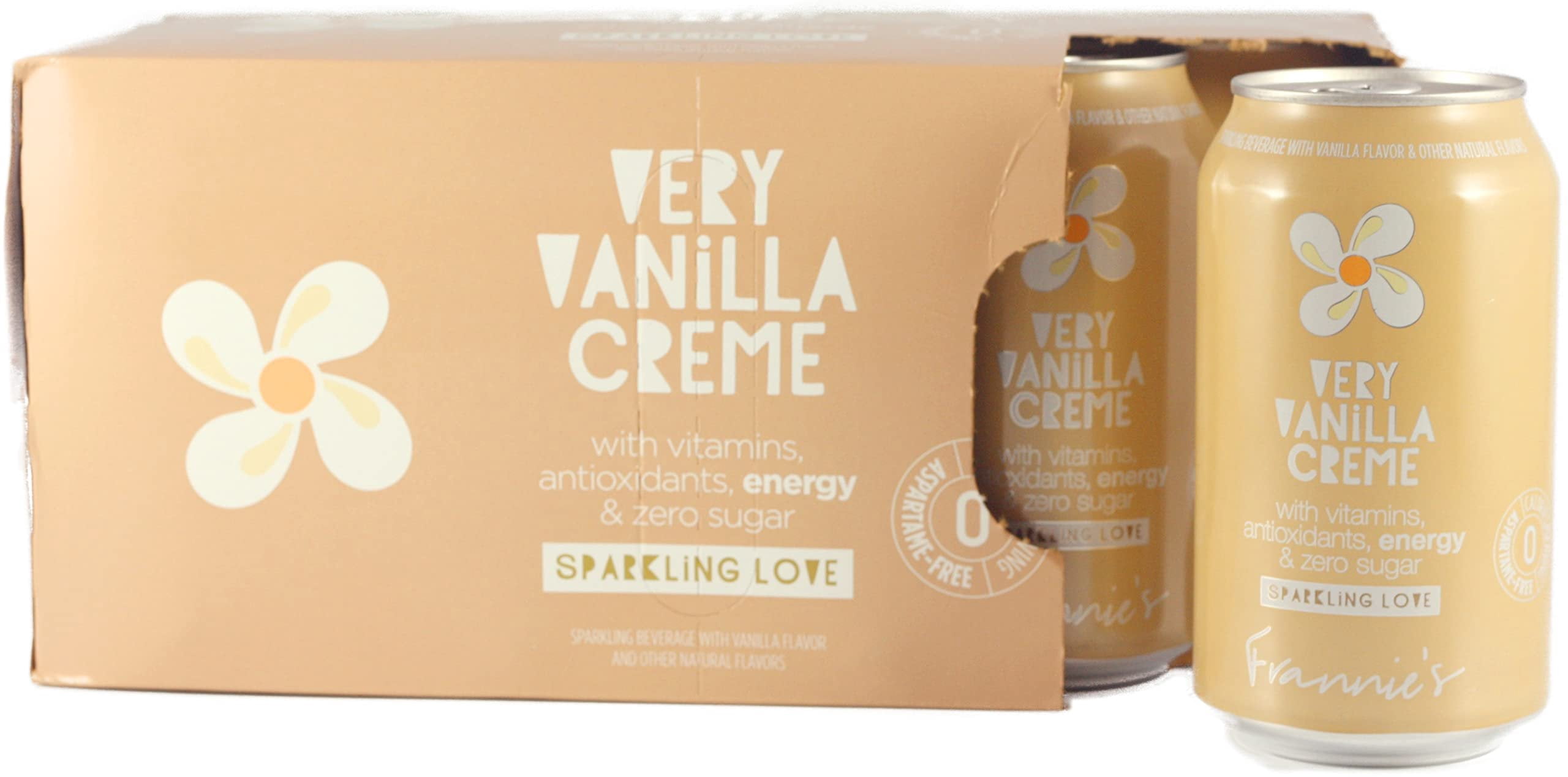 Frannies Sparkling Very Vanilla Creme, Protected With High-Density Foam, With Vitamins, Antioxidants, Energy, Zero Aspartame & No Sugar, 12 Oz. Cans Pack of 8 Cans