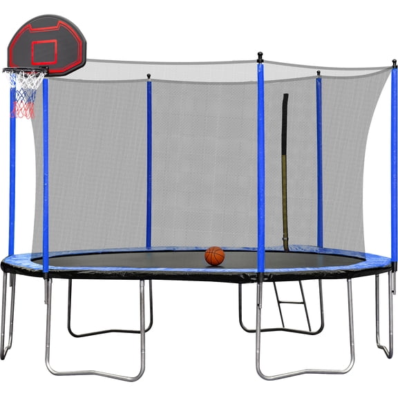 Mini Trampoline, 15FT Trampoline with Basketball Hoop Inflator and Ladder(Inner Safety Enclosure) Blue, Blue Trampoline For Kids,Stainless Steel Fitness Trampoline