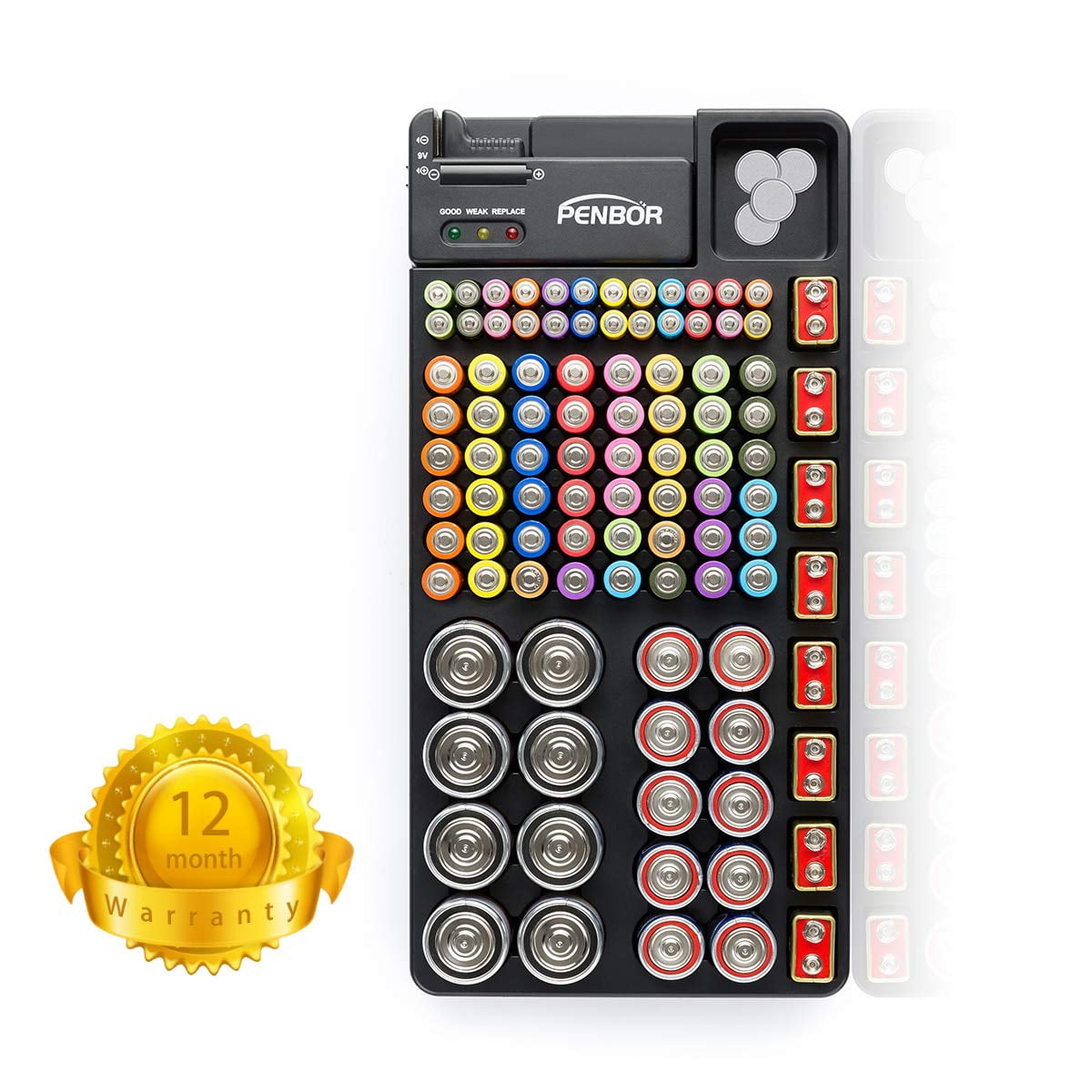 HRTGFD-Battery Organizer Storage Case with No Lid Snap, Portable Battery Tester, Just The Right Size Slot with Wall-Mounted Design,Holds 110 Batteries Various Sizes for AAA, AA, 9V, C, D and Butt