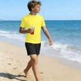 thumbnail image 4 of Boys Solid Short Sleeve Two Piece Swim Set, Crew Neck Rash Guard Top & Swim Trunks for 3-14 Years Old Kids Beach Surf Bathing Suit Yellow 13-14 Years, 4 of 9