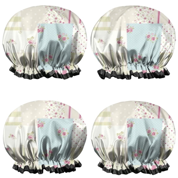 Shower Caps,Pioneer Flower Floral Print Pattern Waterproof Shower Cap for Women 4 Pieces,Double Reusable Hair Cover for Shower PEVA Elastic Stretch Hem