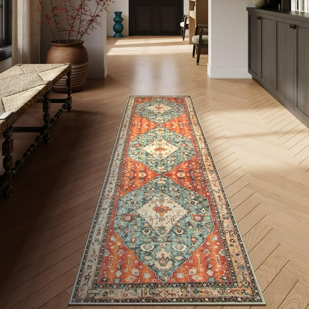Alfombra Lahome Boho Tribal, lavable, 60 x 240 cm, color verde oxidado y opaco