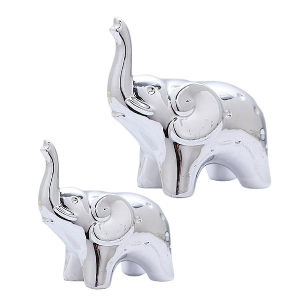 Figura de elefante de 2 piezas, estatua de animal, artesanía de la suerte para el porche, el escritorio y la sala de estar Plata