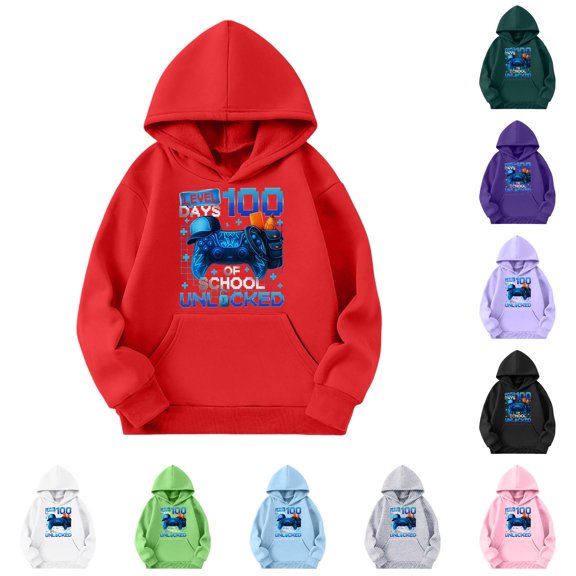 Oiyii Gamer 100 Days Print Hoodie for Tween Boys Long Sleeve Casual Hoodie Sweatshirt Pullover Top,Red