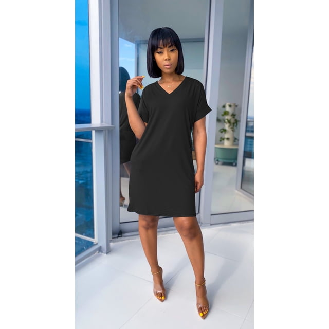 Nouveau Femmes V Cou Couleur Unie Manches Courtes Décontracté Robe de Poche Robe