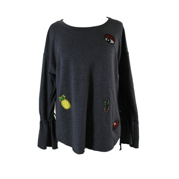 NY Collection Womens Charcoal Long Bell-Sleeve Patch Blouse L