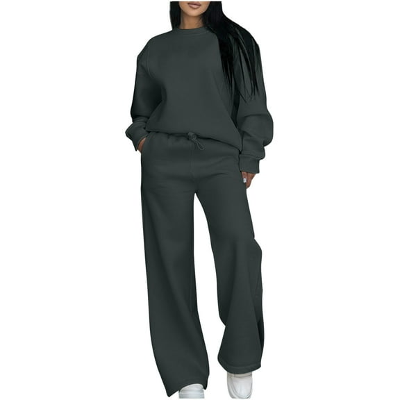 QQZ Crew Neck Sweatshirt Wide Leg Pants Set For Women, Sweatshirt For Women Women's Fashion Hoodies & Sweatshirts 2026 Fall Outfit Sets