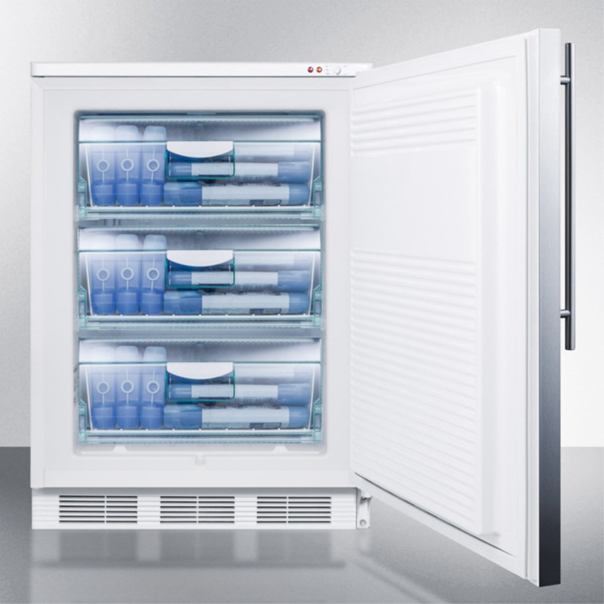 Built-in medical all-freezer capable of -25 C operation, with front lock, wrapped stainless steel door and thin handle