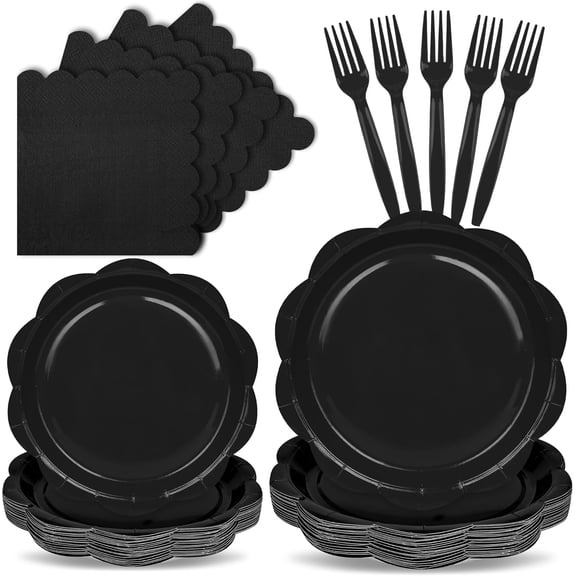 96 Pcs Ivory Paper Plates and Napkins Set Party Supplies, Tableware set for 24 Guest include Disposable Ivory Scalloped Plates, Napkins and Forks for Baby Shower Bridal Shower Wedding