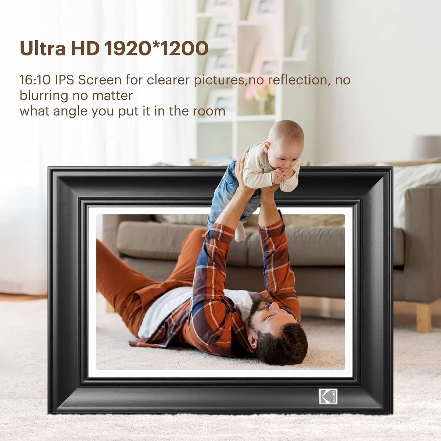 KODAK RWF-127 Cadre photo numérique WiFi, 10,1" FHD 1920 x 1200IPS, 32 Go, couleur noir rougeâtre, cadre en bois