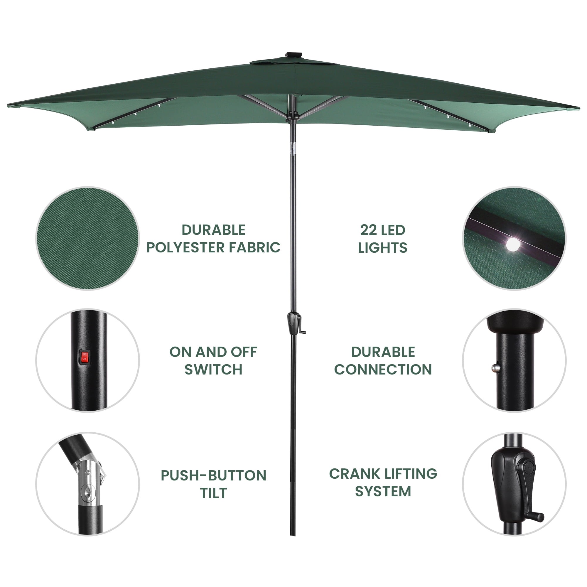 Sun-Ray 6.6x10 FT Solar LED Rectangular Patio Umbrella with Push-Button Tilt and Hand Crank Canopy Lift, Table Umbrella with Solution Dyed Navy Fabric for Porch, Deck, Garden, and Swimming Pool, Green