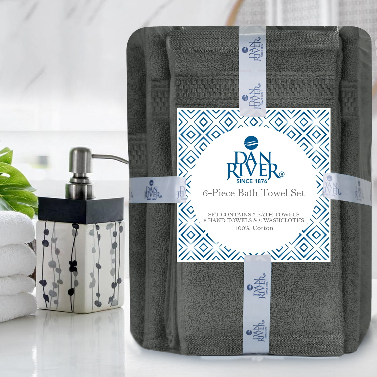 Dan River 6 Piece Towel Set Soft Quick Drying Cotton Bath Towel For Gym, Spa and Bathroom - Gray