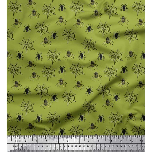 Soimoi Green polyester Crepe Fabric Web & Spider Insects Decor Fabric Printed Yard 42 Inch Wide