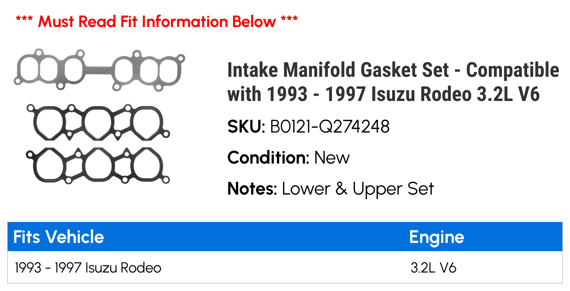 Intake Manifold Gasket Set - Compatible with 1993 - 1997 Isuzu Rodeo 3.2L V6 1994 1995 1996