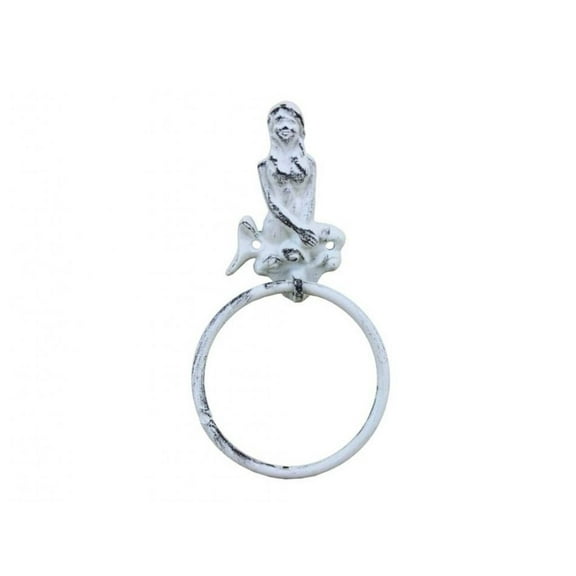 Rustic Whitewashed Cast Iron Mermaid Towel Holder 8.5 Inch - Mermaid Decoration - Metal Wall Art