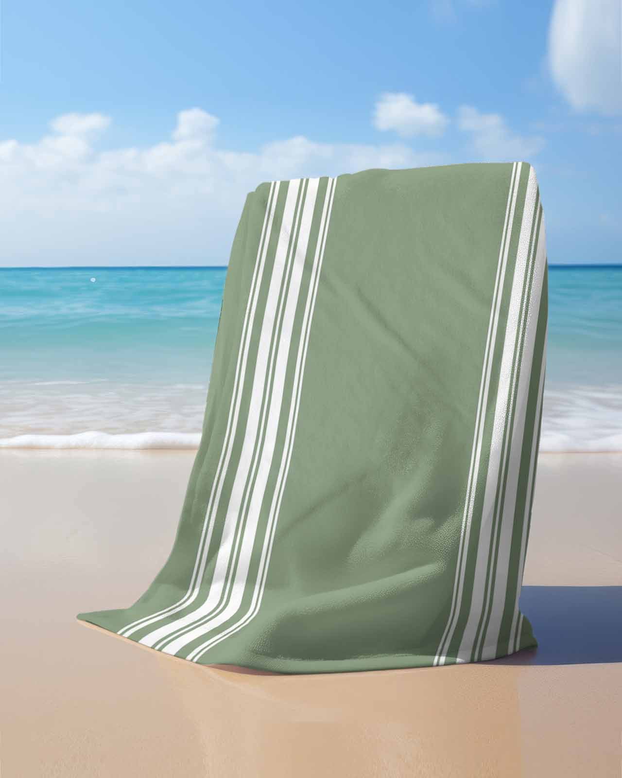 Dark Sage Green Beach Towels Oversized Super Absorbent, Farmhouse Sage Green White Striped Lightweight Bath Towel Quick Dry Sets For Bathroom/Pool/Rv Camping/Beach Play/Gym Room/Picnic 35"x70"