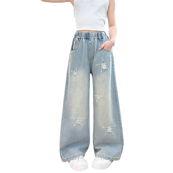 YUEHUA pull on jeans for girls size 12, Kids Girls Jeans Distressed Elastic Waist Baggy Denim Wide Leg Pants Trousers
