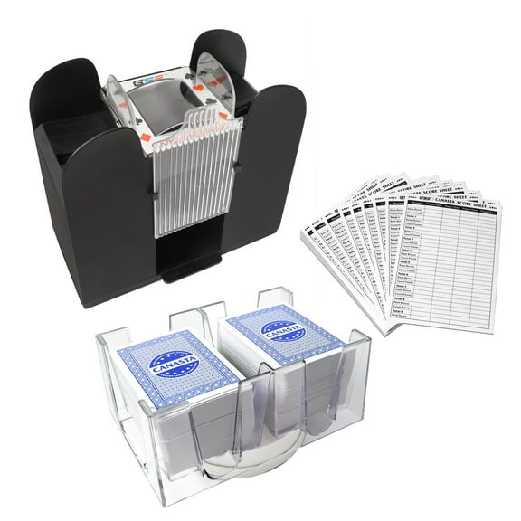 GSE Games & Sports Expert 6-Deck Canasta Cards with Automatic Card Shuffler, a Revolving Card Holder, 100 Sheets Score Pads - Blue