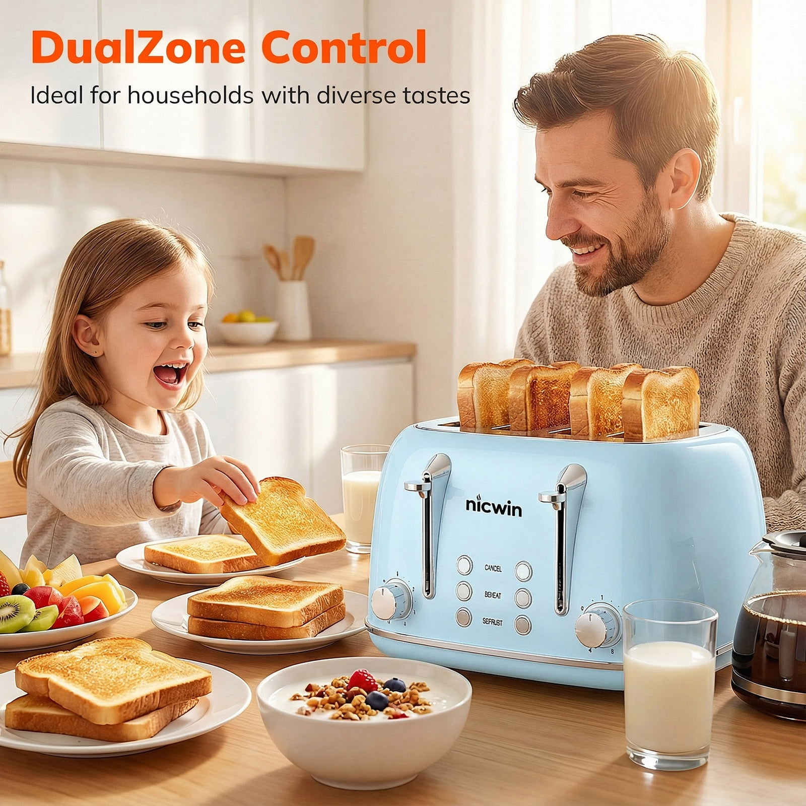 NICWIN 4 Slice Toaster, Extra Wide Slots Bread Toaster, Toast Shade Selector, Defrost & Reheat Functions for Kitchen Apartment Essentials, Blue