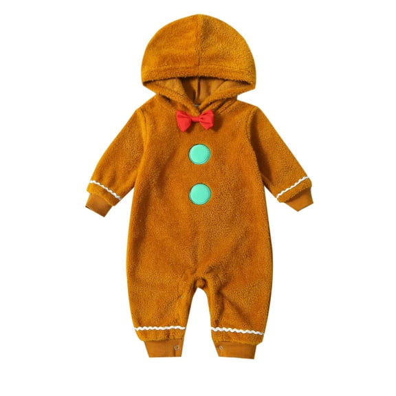Cjfdfy Toddler Baby Boy Girl Gingerbread Man Custome Kids Newborn Baby Christmas Outfit Plush Jumpsuit Cute Hooded Romper Warm Fall Winter Holiday Xmas Clothes